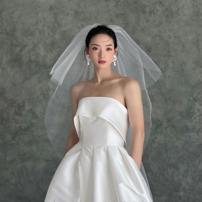 简约新娘结婚头纱l硬纱素纱双层蓬蓬纱影楼拍照造型旅拍头纱白色