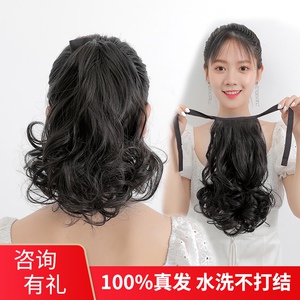 真发马尾假发女大波浪中长梨花卷发短款40全真人头U发丝内扣高辫
