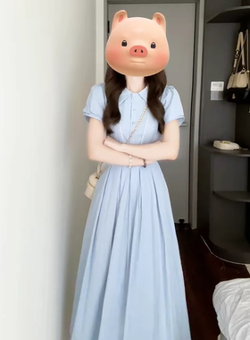 2026新款夏季法式收腰显瘦Polo领蓝色百褶短袖衬衫连衣裙女中长款