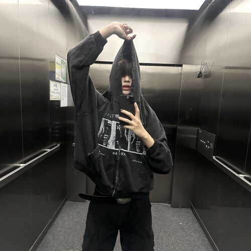 PMY vintage高街休闲水洗做旧破坏拉链连帽衫卫衣cleanfit外套潮