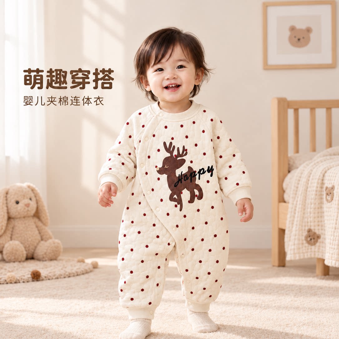 新生儿连体衣三层夹棉秋冬保暖A类婴幼儿哈衣偏开宝宝外出服100码