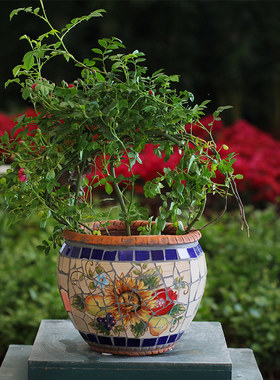 特色彩绘陶瓷马赛克绿植鲜花工艺花盆花器 欧式美式田园风格