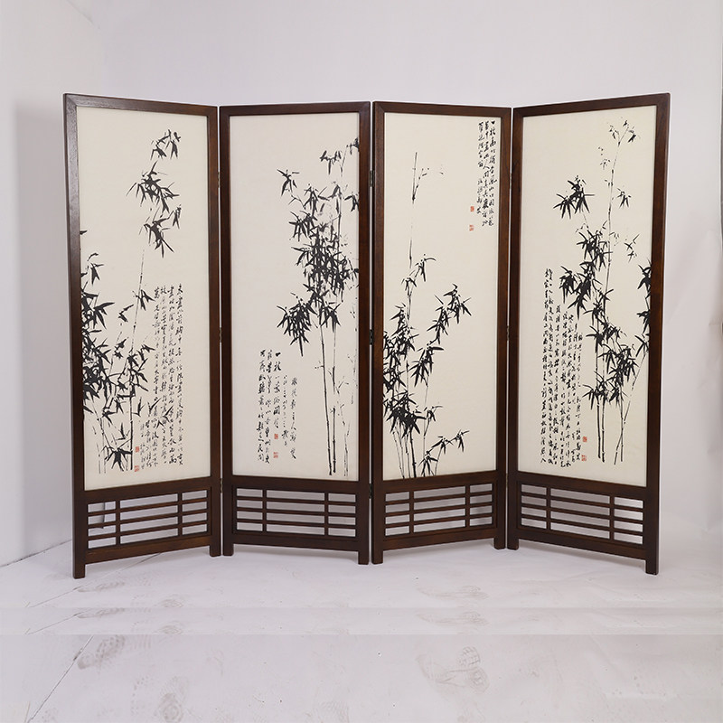 新中式移动折叠屏风隔断酒店办公室古风实木镂空国画郑板桥竹子图