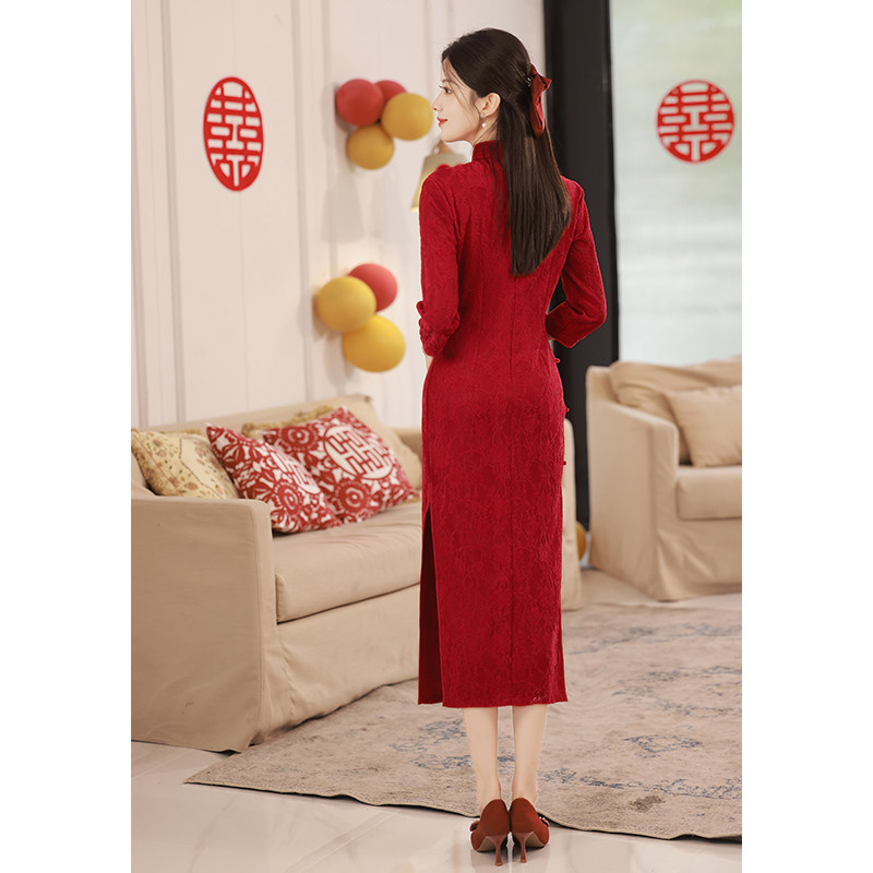 敬酒服新娘旗袍结婚小个子红色改良中式回门礼服蕾丝订婚连衣裙女