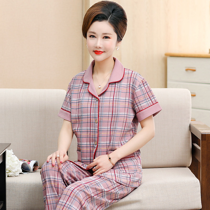 女士睡衣短袖长裤春夏季薄款纯棉短袖大码开衫妈妈家居服两件套装