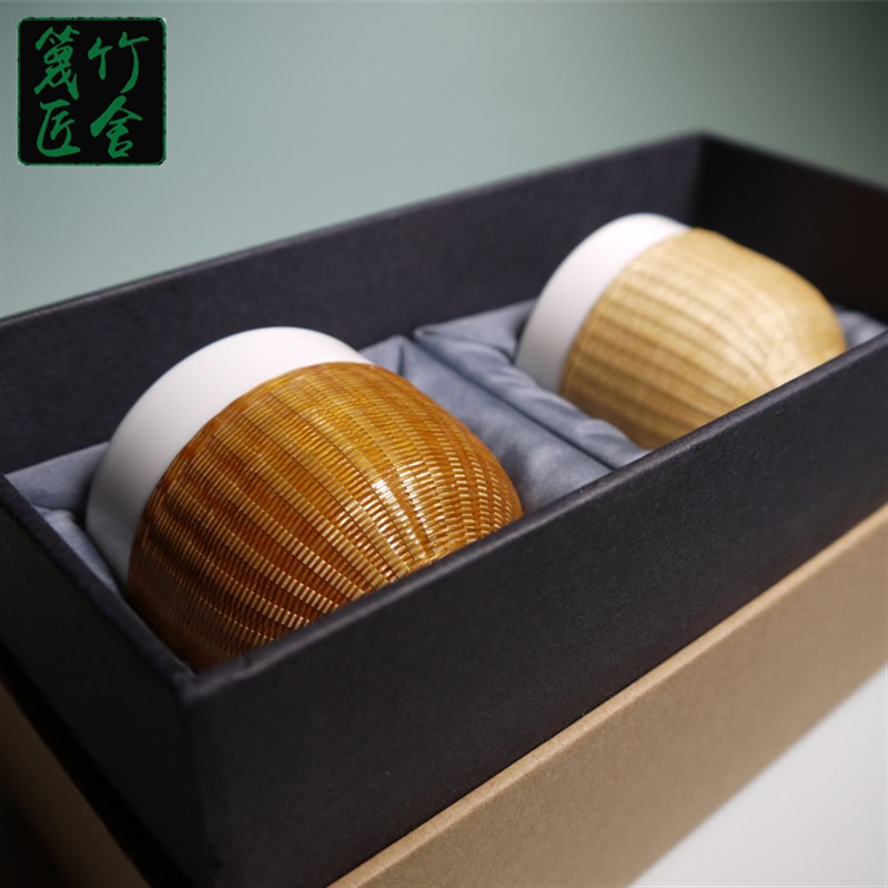 瓷胎竹编茶具情侣杯个人杯手工制作竹丝扣瓷茶杯品茗杯礼盒套装