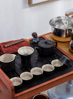 茶车移动乌金石茶台简约家用茶水柜实木茶几茶桌自动上水茶具套装