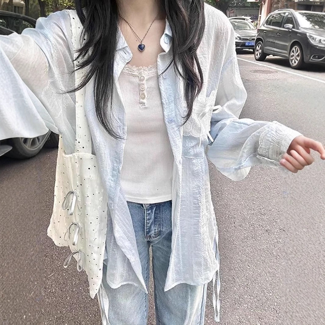 小个子蕾丝拼接长袖衬衫外套女夏季薄款宽松显瘦短款防晒外搭开衫