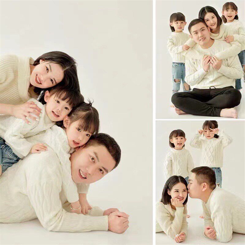 儿童摄影服装g影楼拍照新年拍摄时尚亲子装白毛衣全家福拍照道具