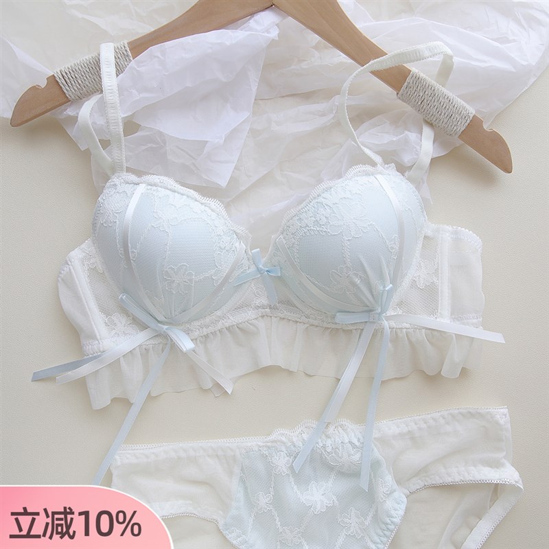 丝带蝴蝶结~温柔纯欲日系u少女内衣薄小胸聚拢无钢圈蕾丝文胸套装