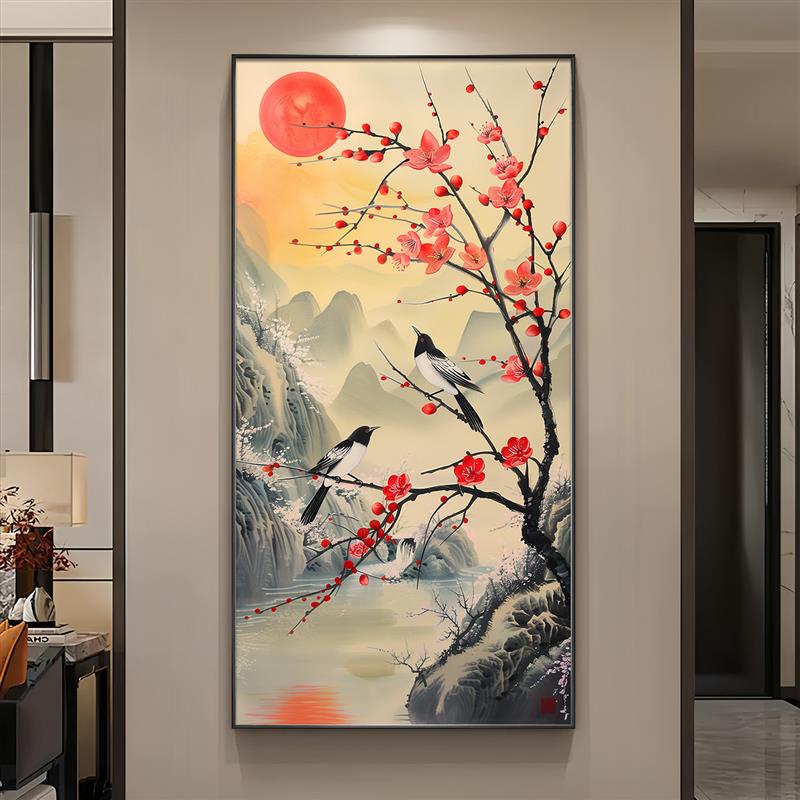 喜上梅梢玄关装饰画高档r带灯喜鹊报喜走廊过道壁画入户正对门挂