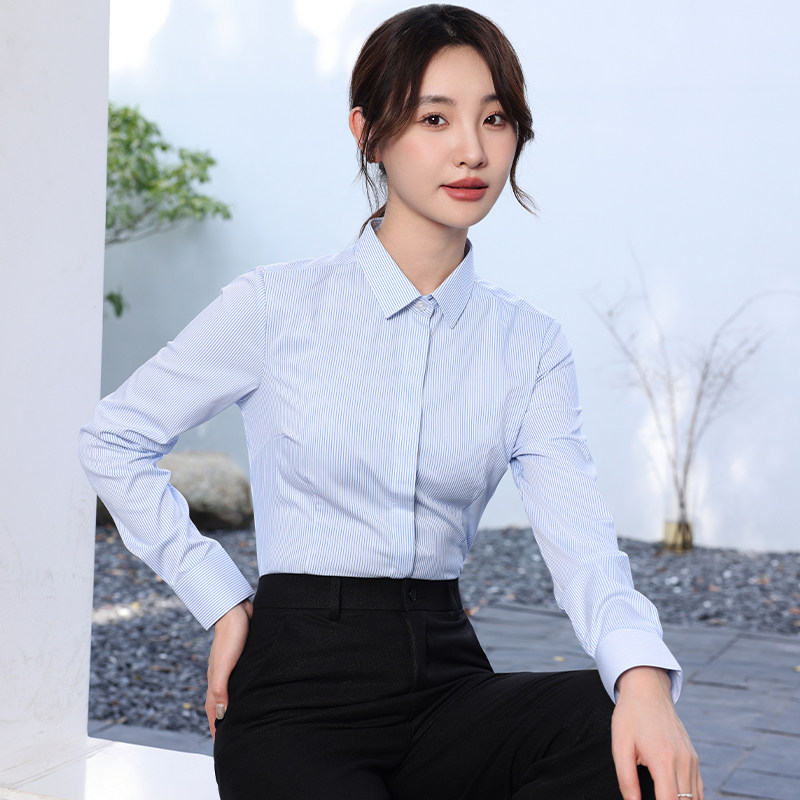 浅蓝色竖条纹f长袖衬衫女商务职业正装工作服简约气质基础通勤衬