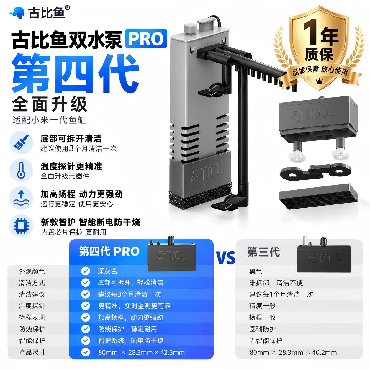 2026新款第4代古比鱼双水泵PRO版适配小米一代鱼缸水泵增氧泵过滤