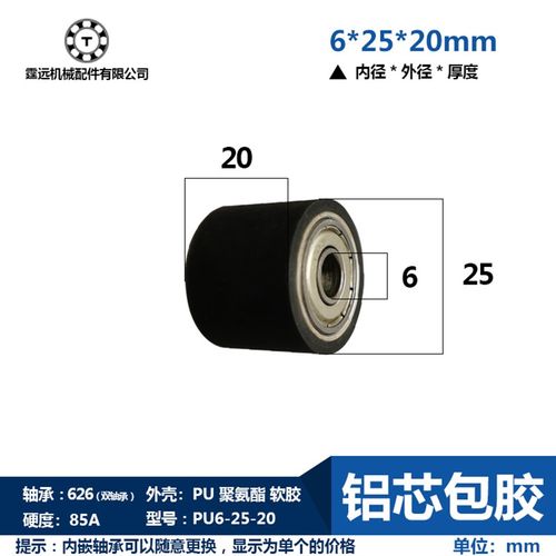 直径25*20mm长胶轮内6 8 10送线轮铝芯包胶滚轮滑轮导RORUAP25-20