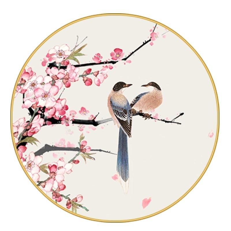 喜鹊桃花装饰画 花鸟圆形玄关新中式 桃花运 中国风卧室床头挂画