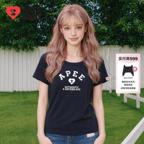 APEE藏青色爱心字母印花短袖女