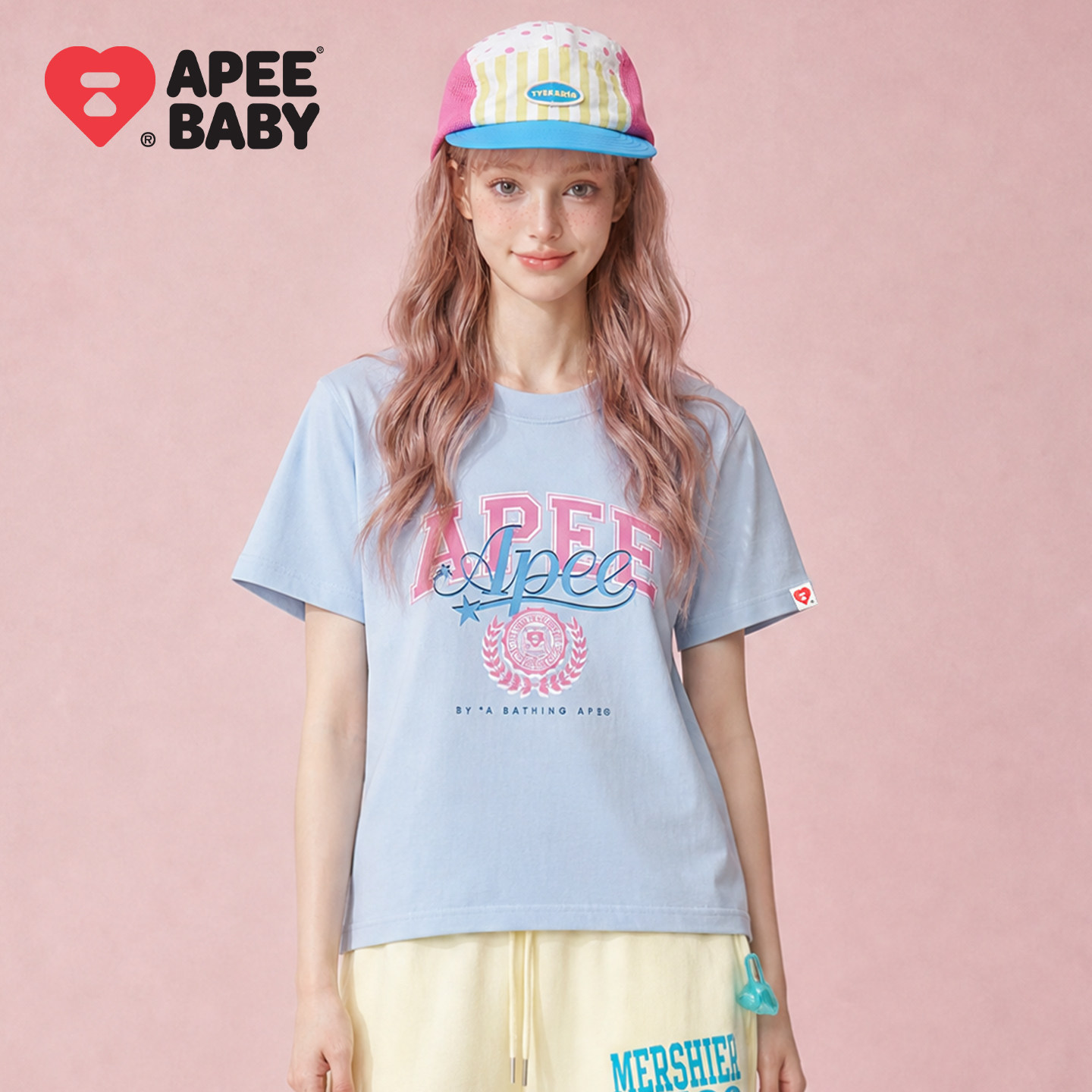 APEE 复古麦穗徽章字母短袖T恤女士夏季浅蓝宽松纯棉圆领甜酷半袖