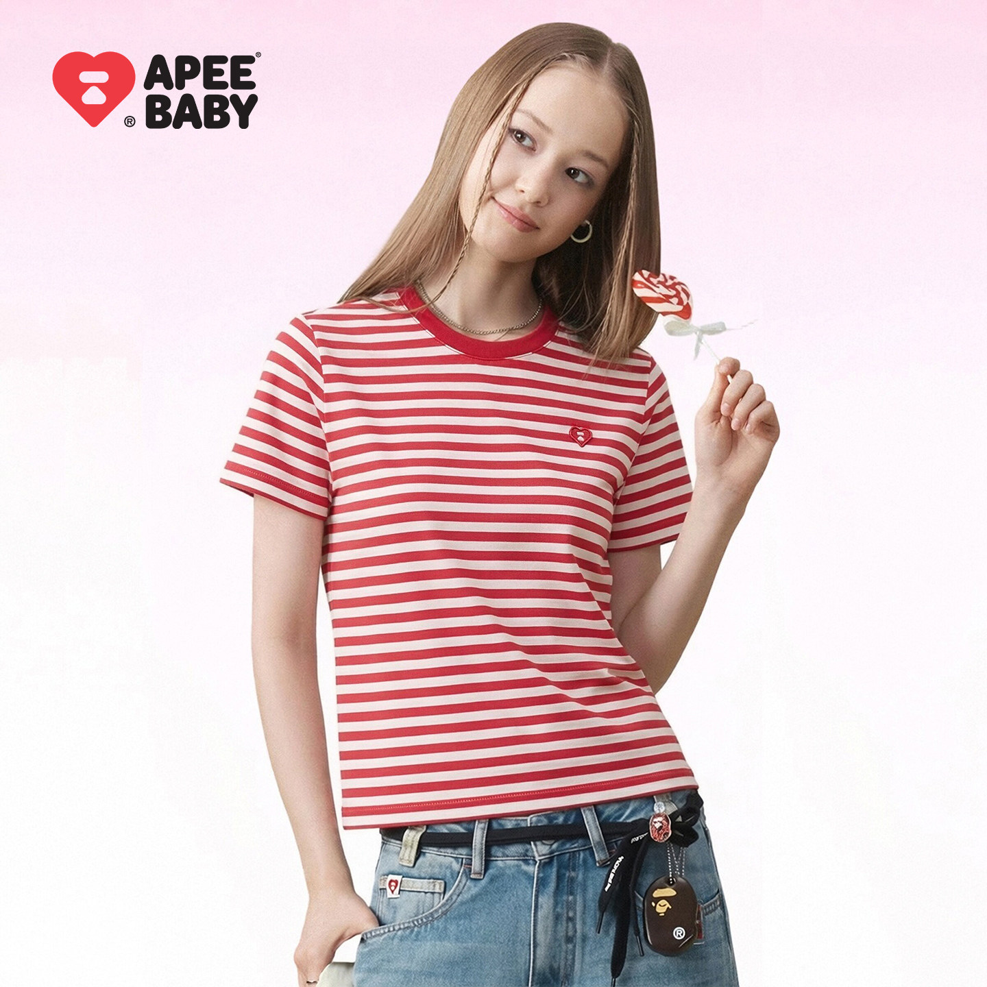 BAPE SS26 APEE by A BATHING APE红色条纹短袖T恤修身简约上衣图片