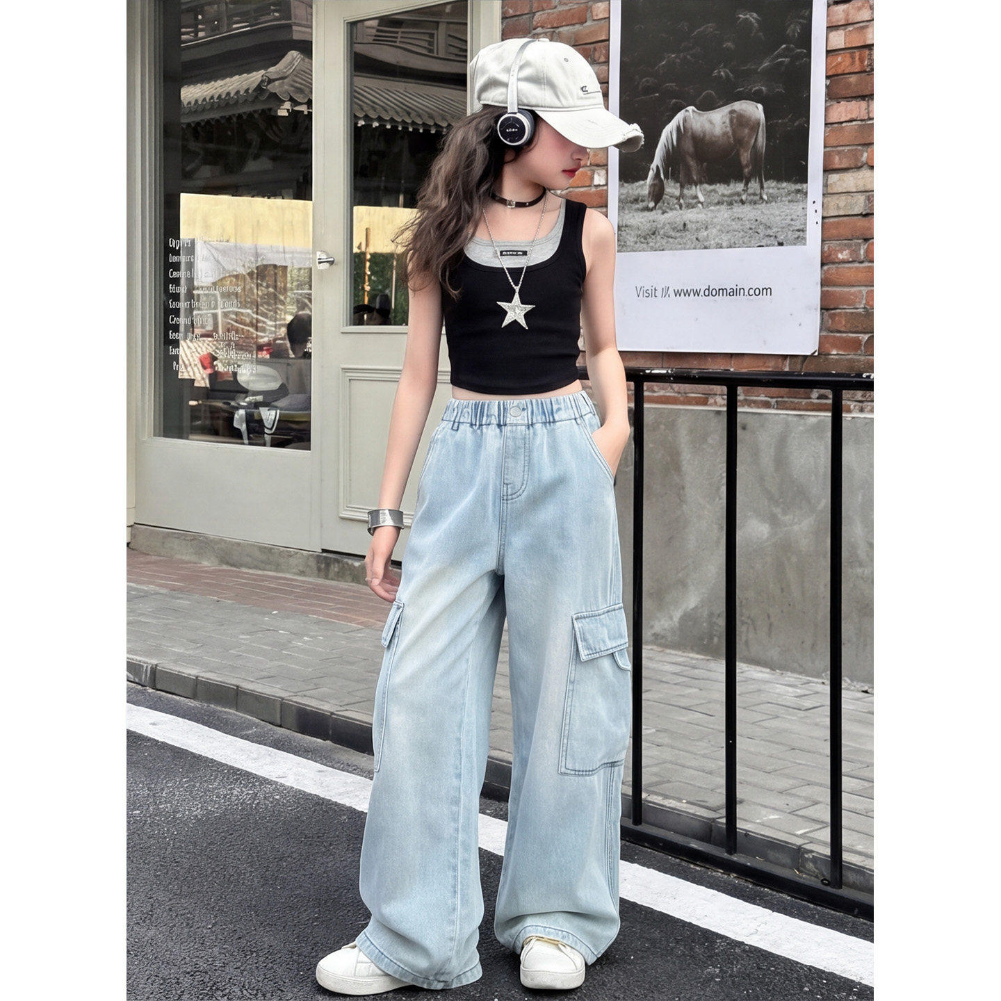 女童工装牛仔裤夏季薄款2026新款儿童直筒裤中大童宽松洋气长裤潮
