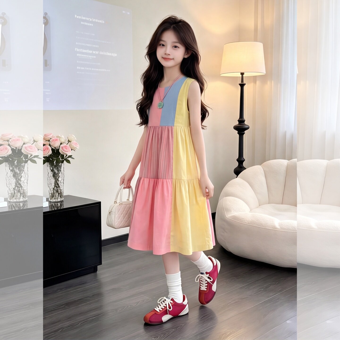 女童夏季彩虹拼色蛋糕连衣裙清凉