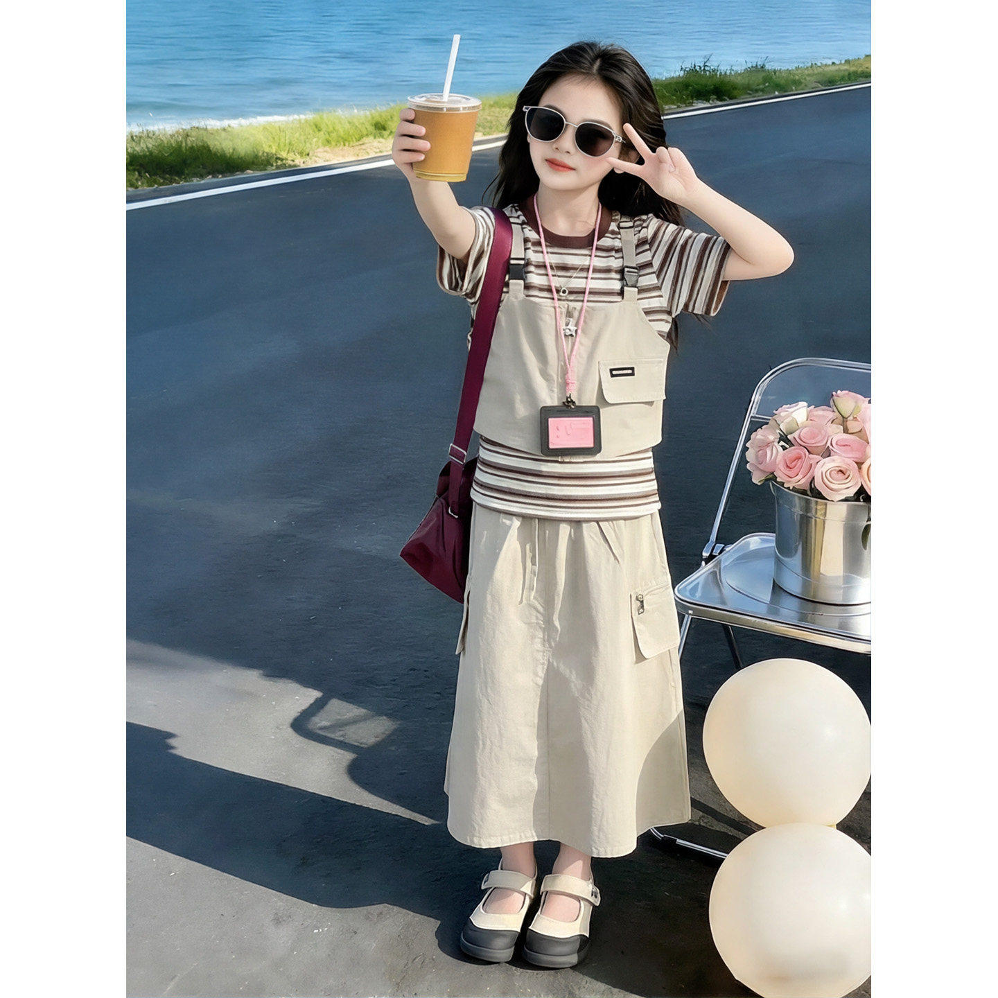 女童夏装工装条纹背带裙两件套