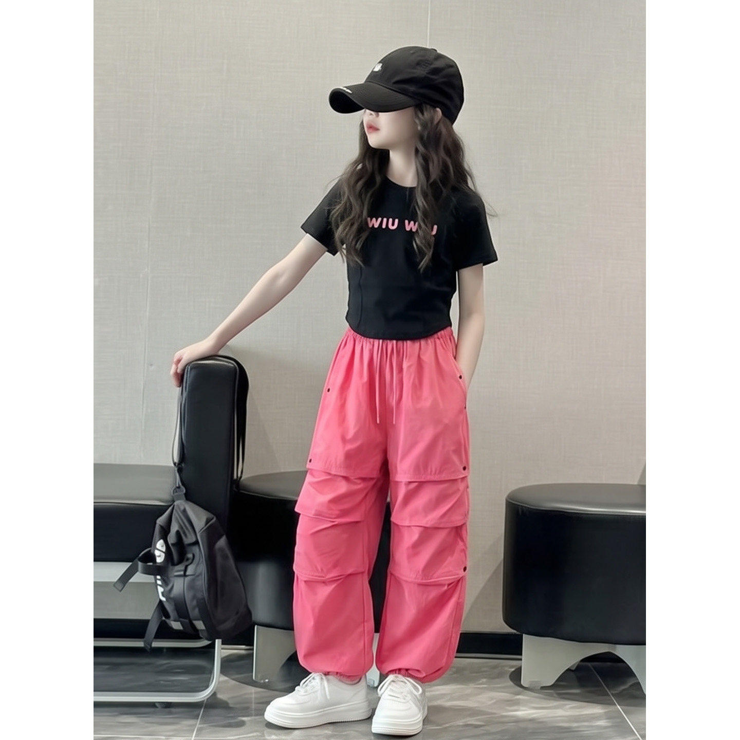 女童夏装套装2026新款字母抽绳