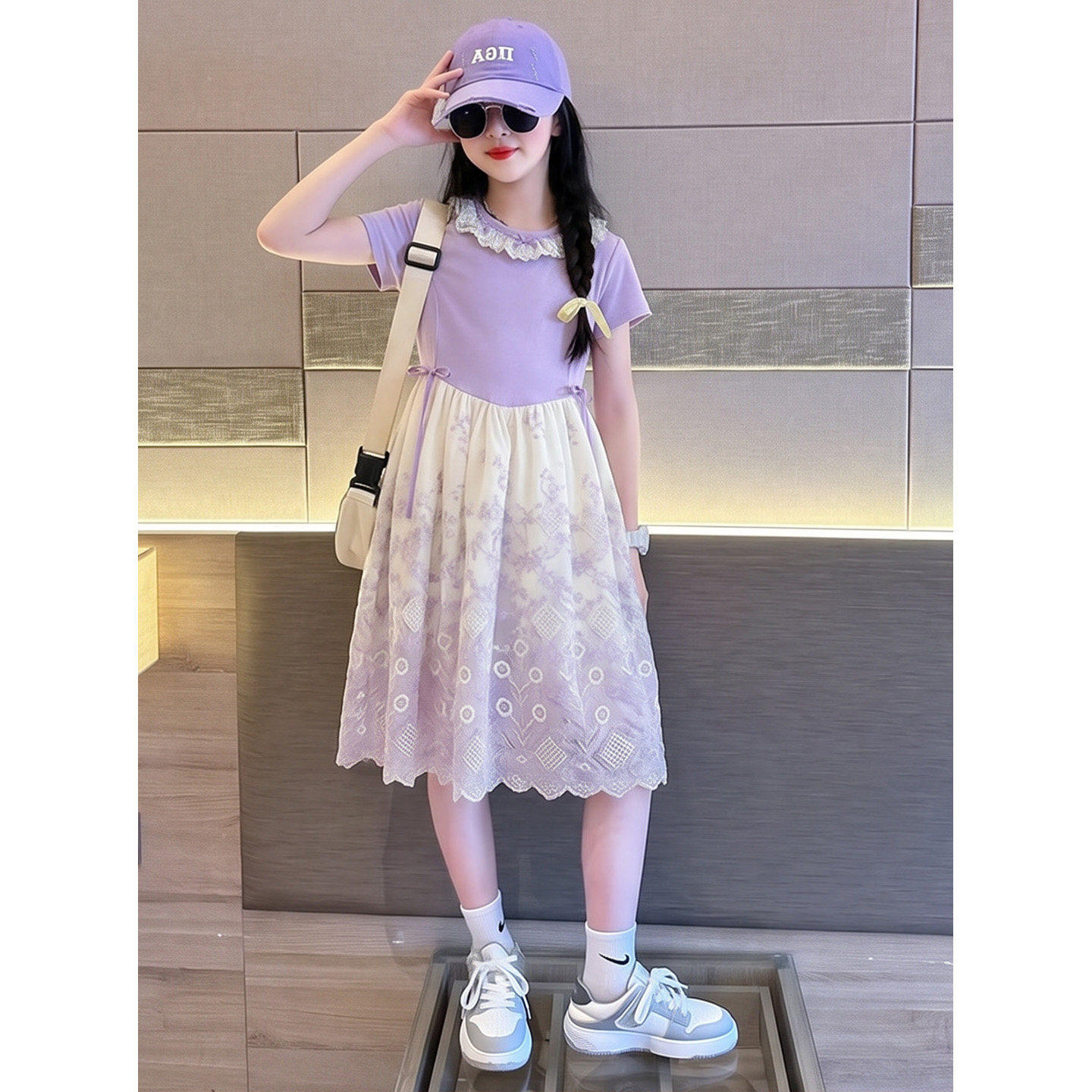 女童超好看甜美短袖连衣裙夏季蕾丝花边领蓬蓬公主裙赫本风长裙子