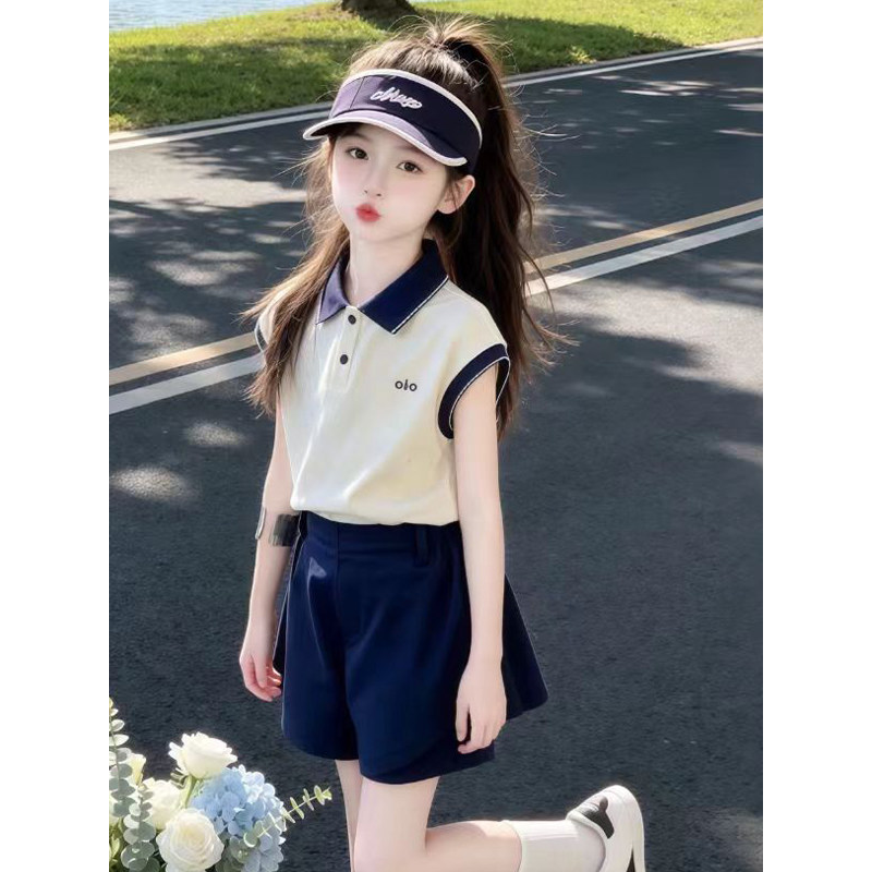 女童Polo衫套装夏季2026新款儿童运动风夏装女孩短袖短裤两件套潮