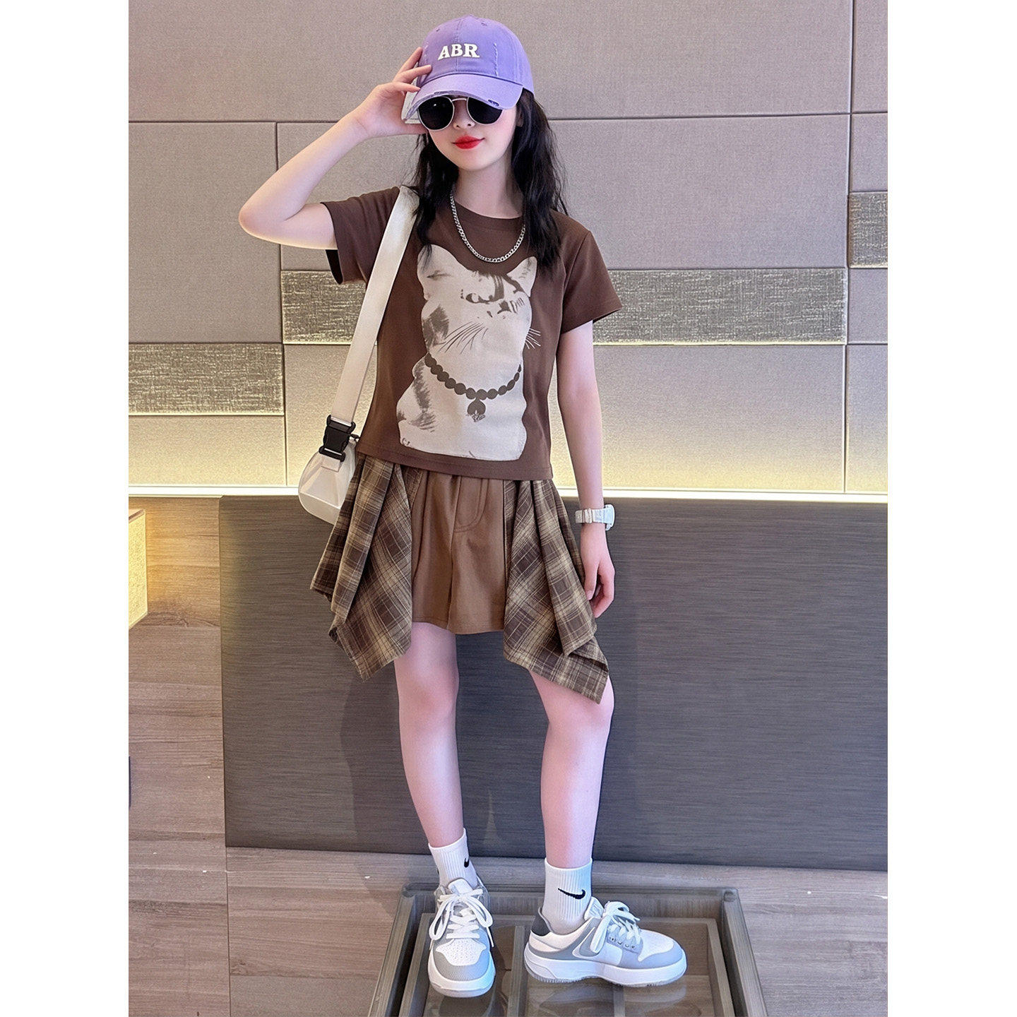 女童2026夏季新款时尚卡通猫咪印花套装短袖不规则短裙减龄两件套