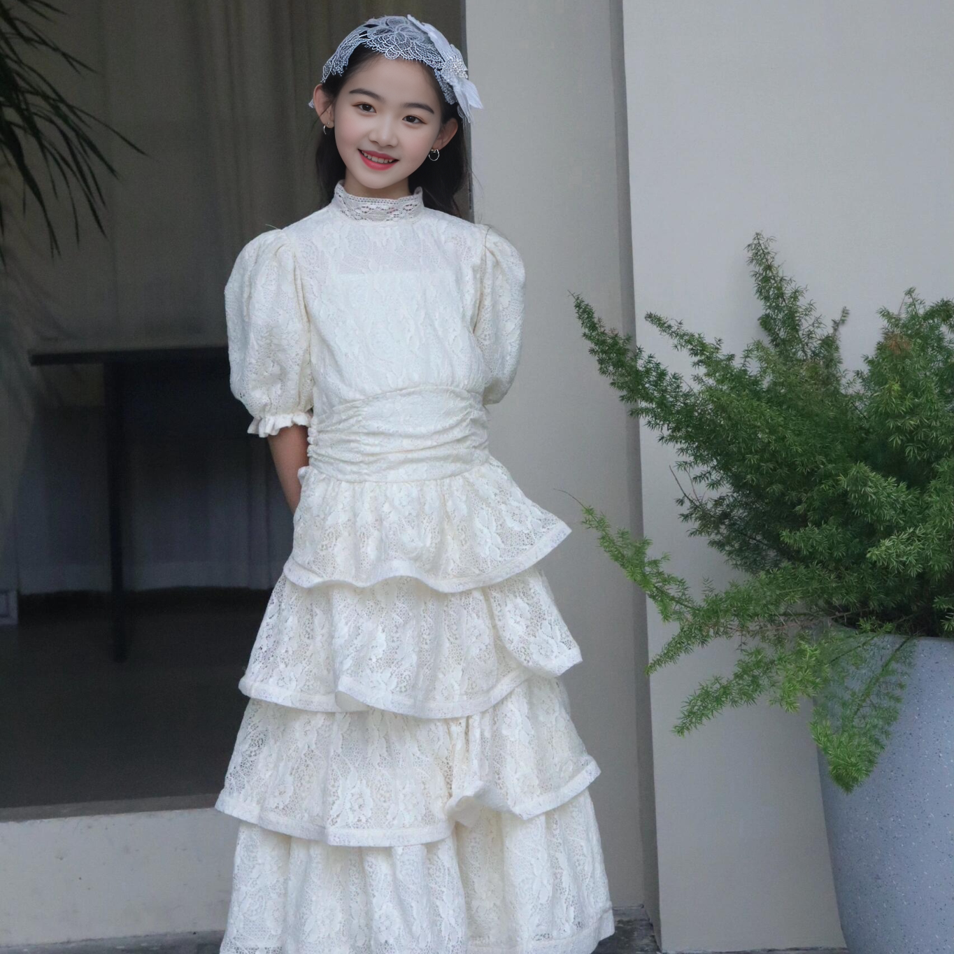 女童复古浅杏色蕾丝拼接连衣裙儿童生日礼服立领短袖公主裙蛋糕裙