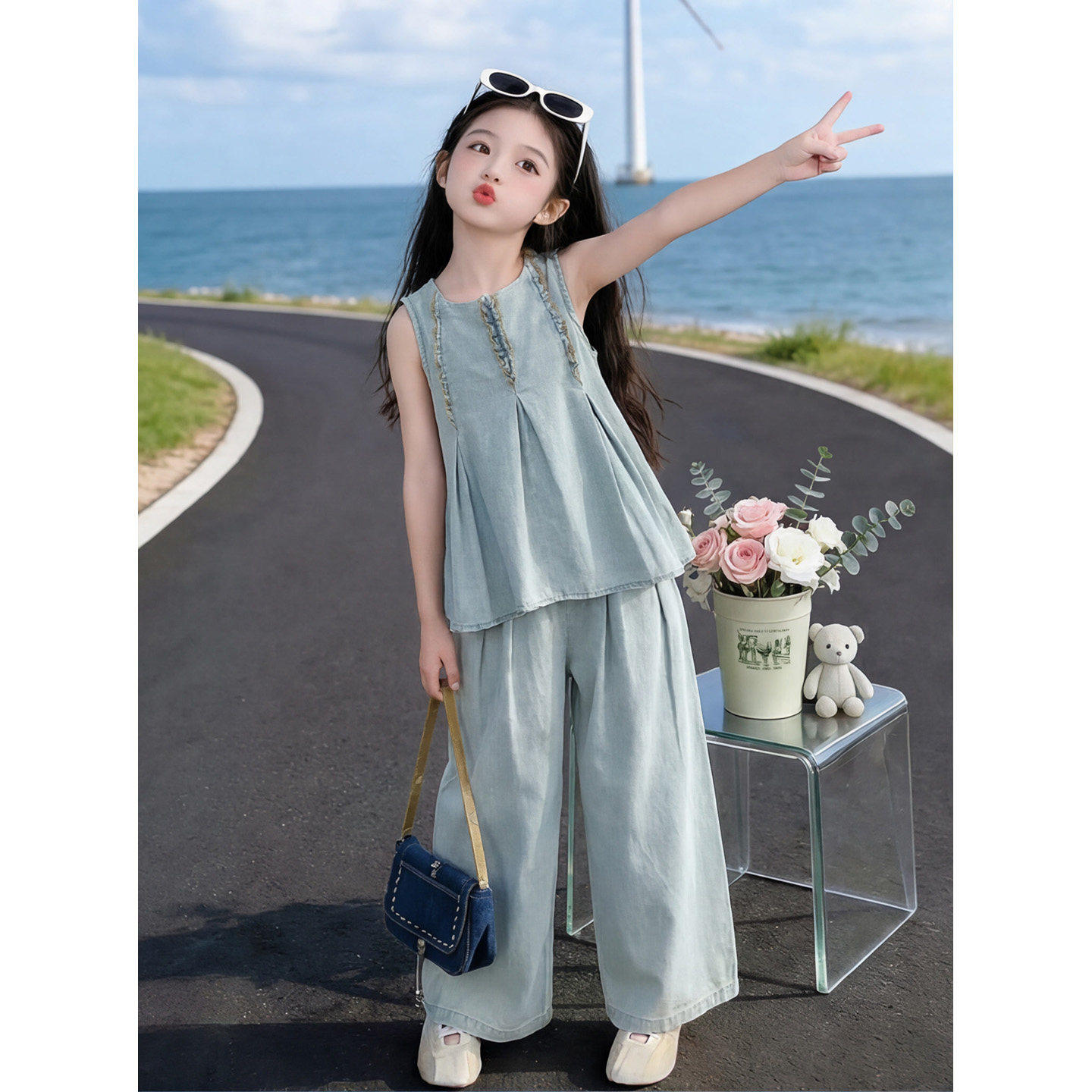 女童无袖牛仔套装夏季2026新款大儿童洋气高品质背心阔腿裤两件套