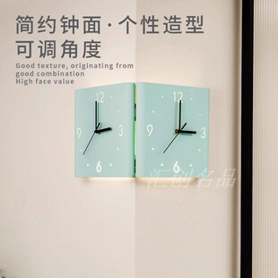现代简约b奶油彩色静音感应发光免打孔转角拐角双面挂钟挂表小夜