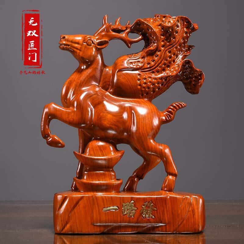 花梨木雕鹿摆件一路发公司开业工艺礼品白菜招财玄T关博古架装饰