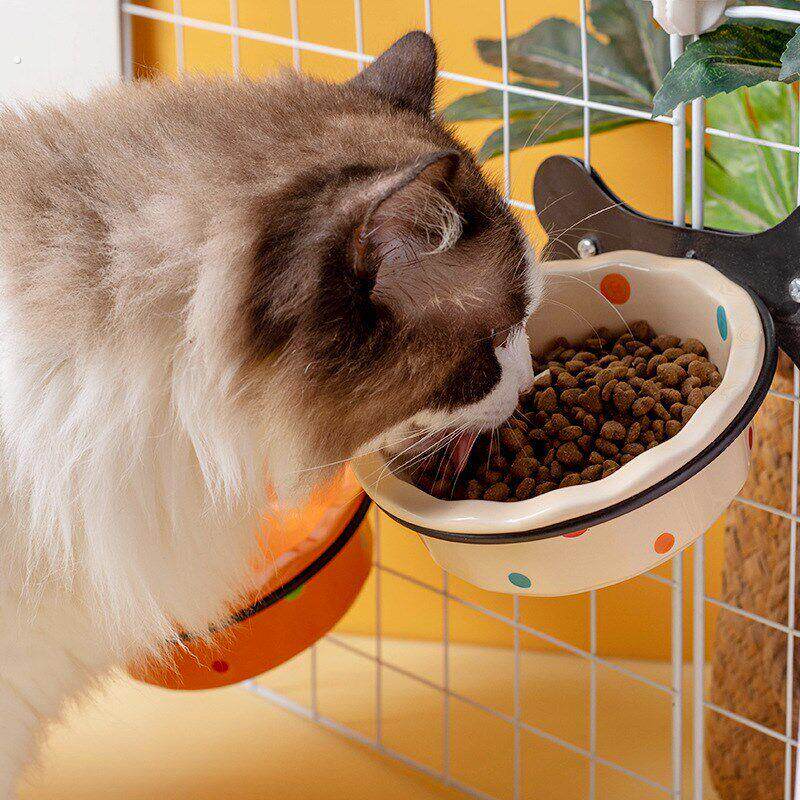 悬挂式猫碗陶瓷倾斜波点宠物食盆猫粮碗猫喝水碗固定挂笼狗碗粮盆