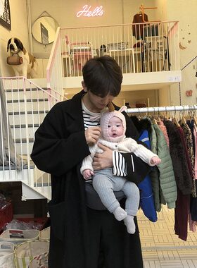 青年男士过膝英伦风毛呢大衣男y冬季加厚风衣长款系带韩版宽松落