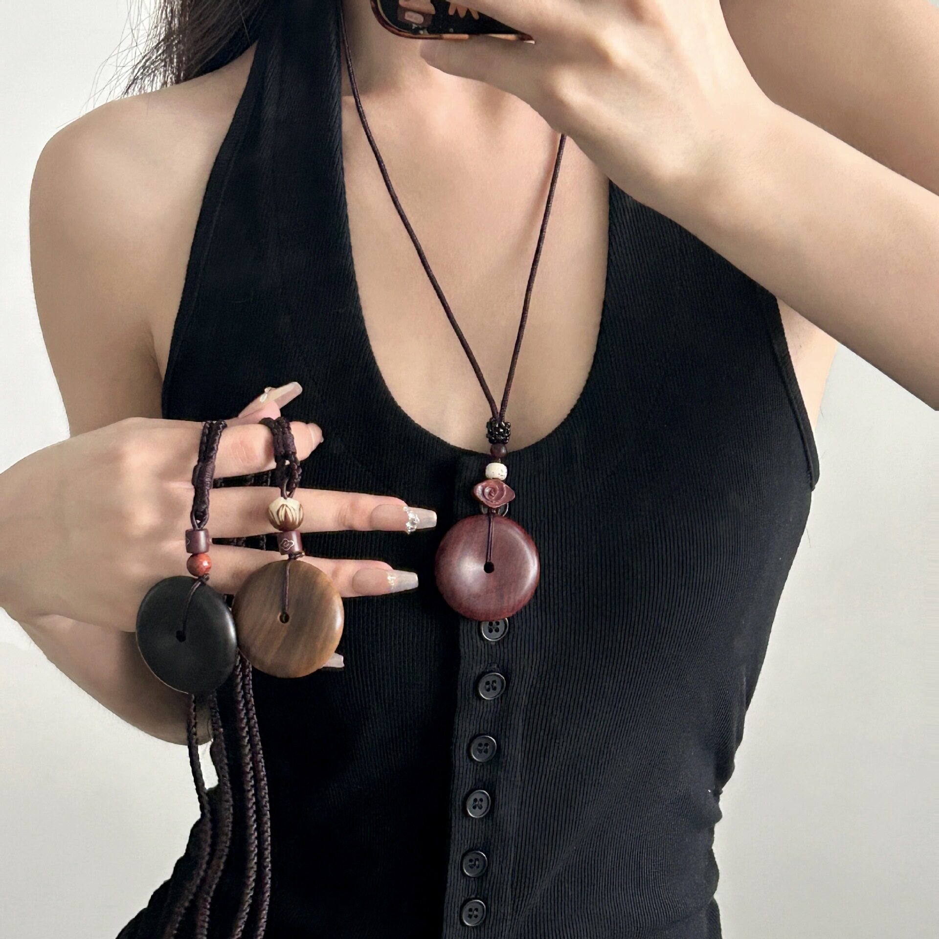 复古紫檀木平安扣吊坠项链男长款女衣服配饰品挂件百搭绳子毛衣链