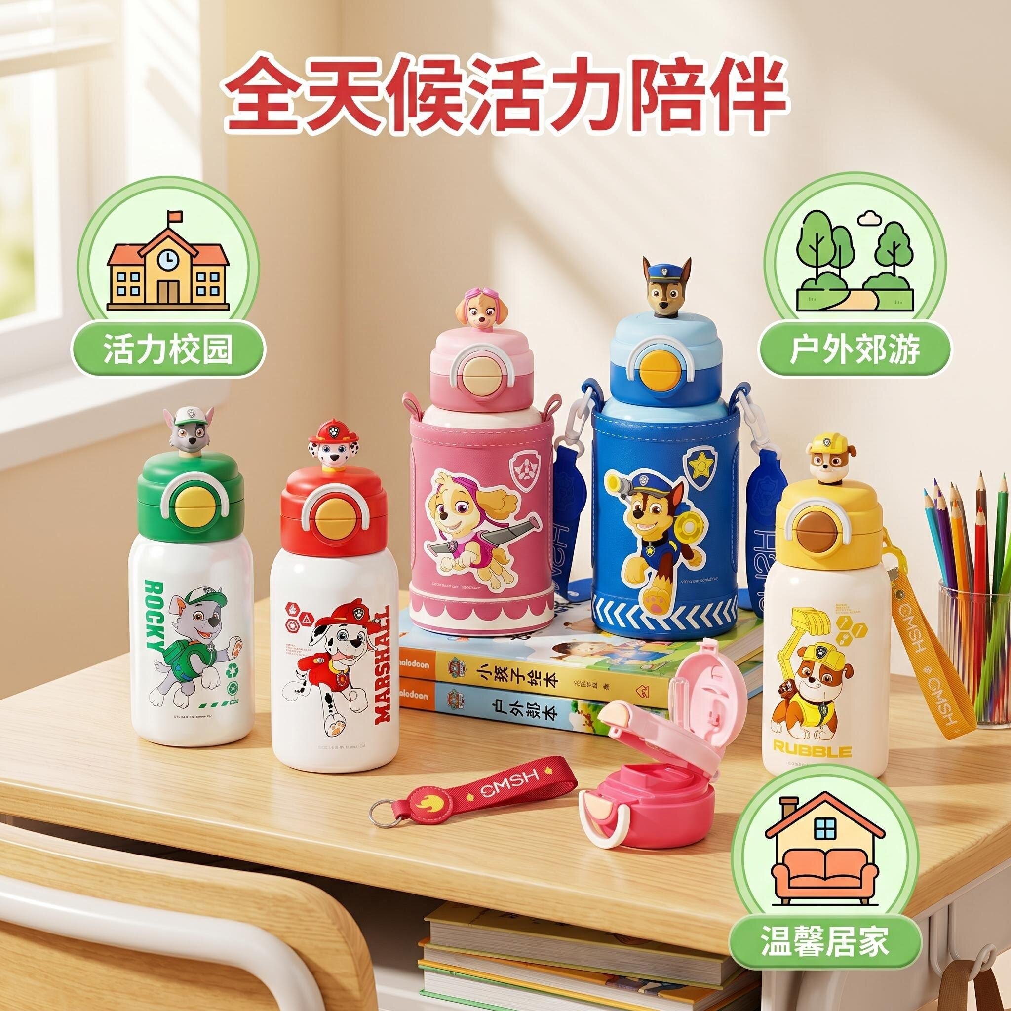 草莓生活汪汪队联名儿童水杯上学专用带吸管儿童保温杯男孩幼儿园