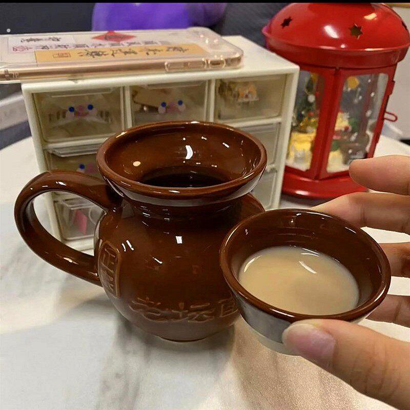 复古老坛杯子搞怪创意老坛酸菜杯陶瓷杯带盖子子男生喝酒喝水杯盐