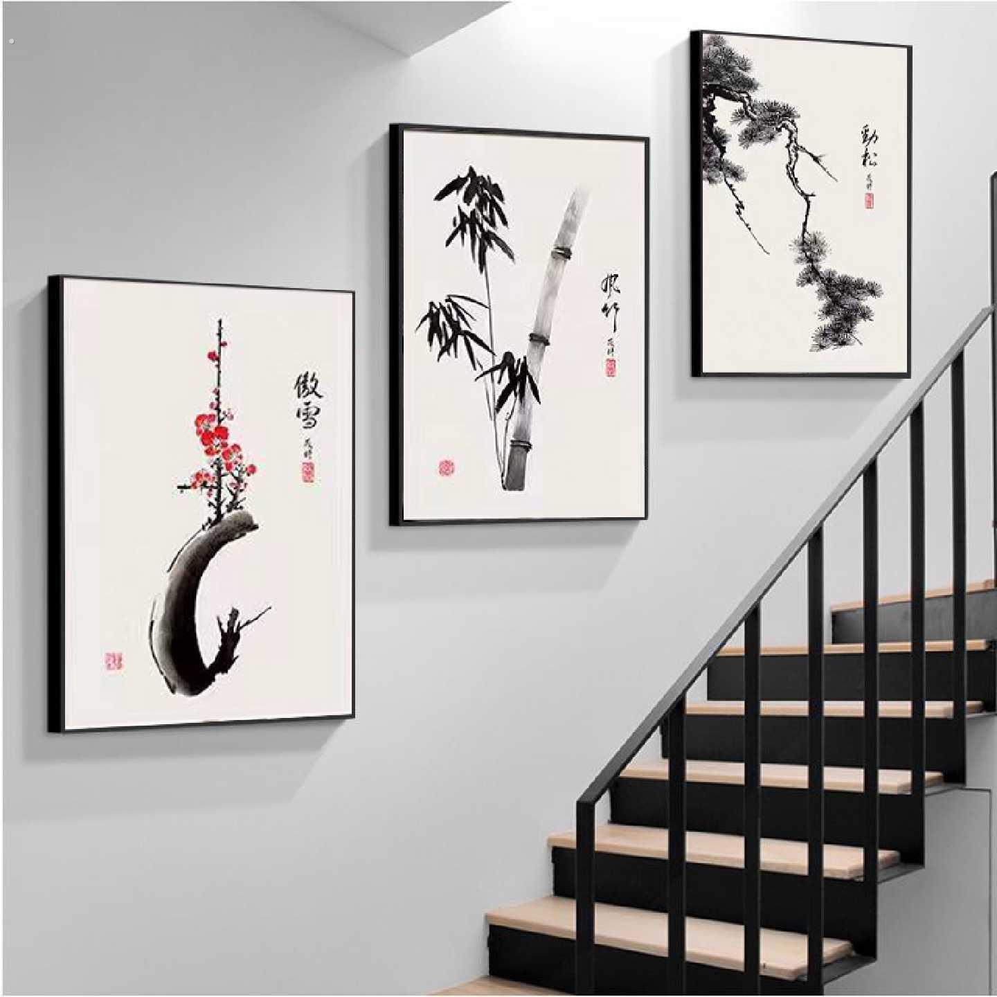 梅竹松新中式楼梯间装饰画复式楼梯口挂画中国风走廊过道三联壁画
