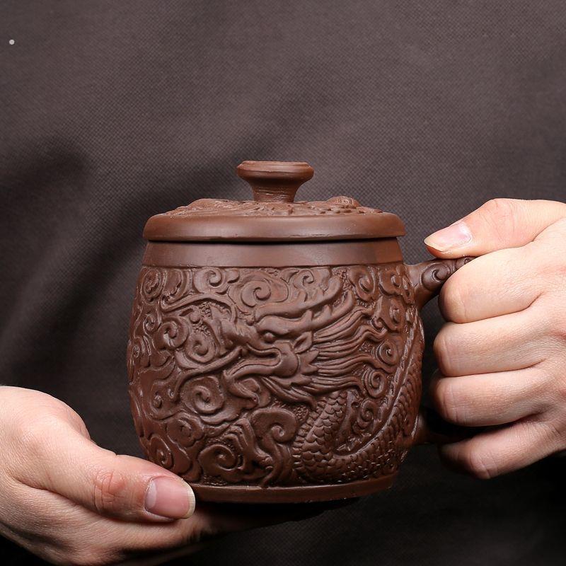 男式个人专用茶杯宜兴潮州紫砂盖杯水杯带手柄子养生泡茶大容量办