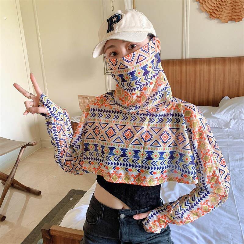 防晒披肩女夏季黑白开车披风长袖骑车面罩冰丝遮脸一体短款防晒衣