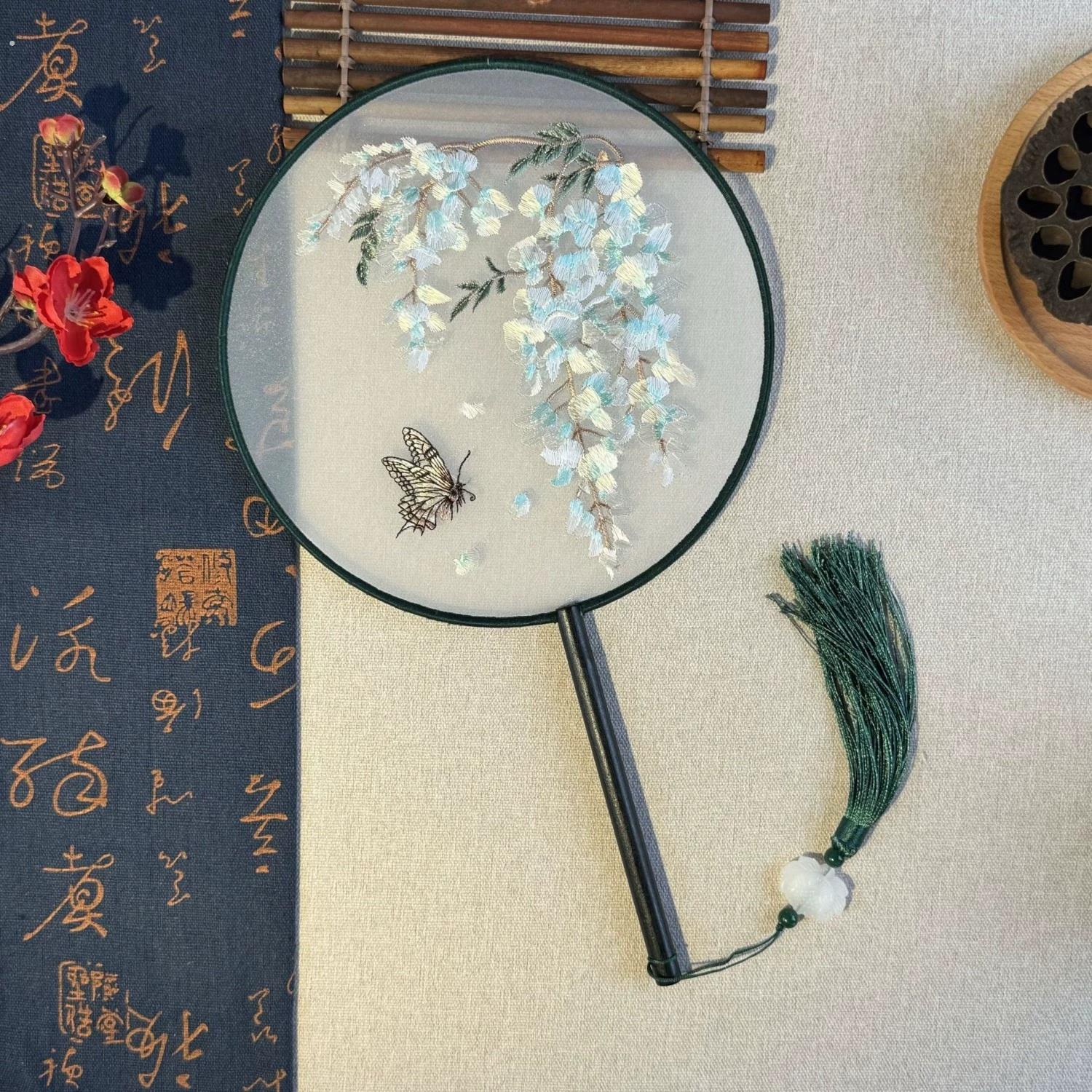 双面团扇古风中国风女式长柄流苏汉服旗袍跳舞蹈扇少儿夏圆形扇子