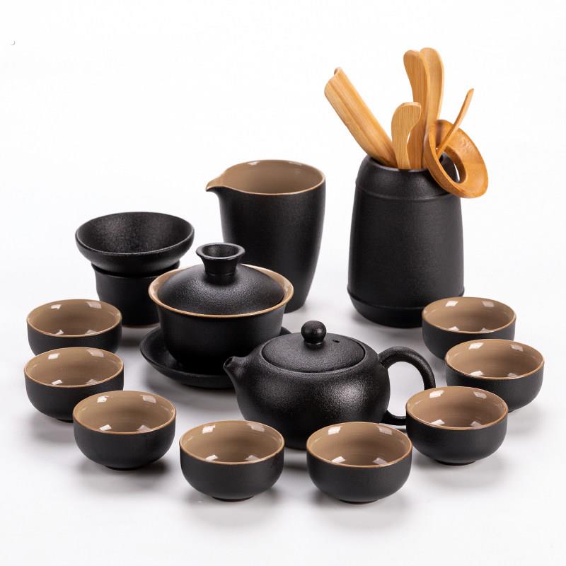 黑陶茶具套组家用禅风黑功夫茶杯粗陶陶瓷盖碗泡茶壶茶海茶道