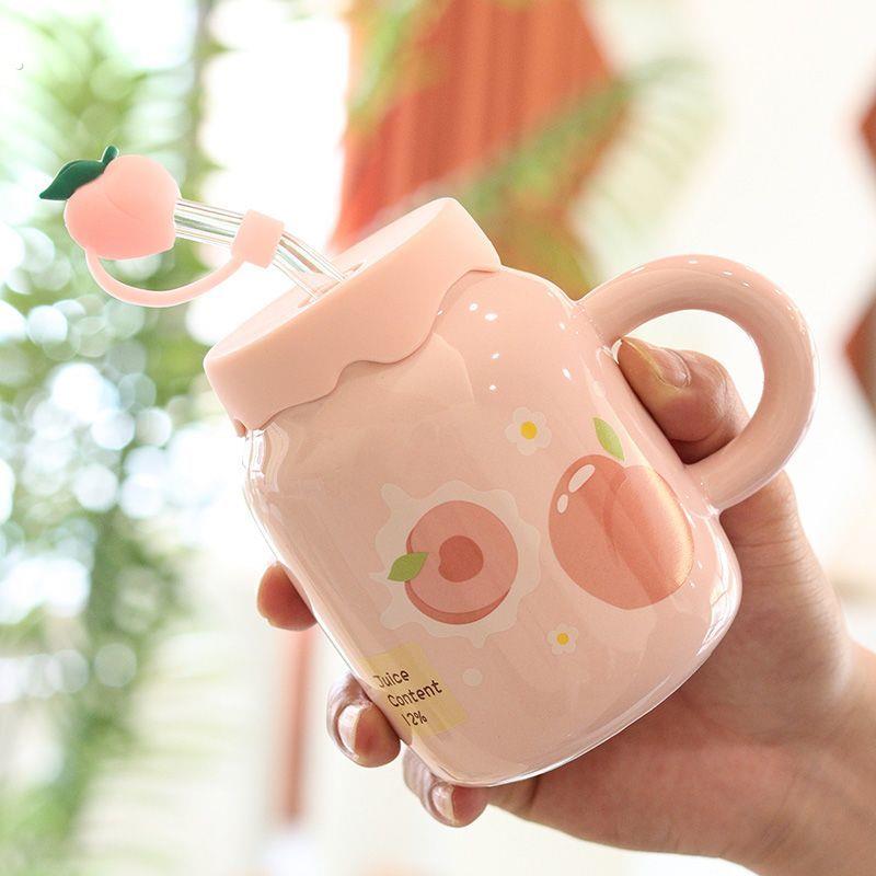 创意高颜值带盖吸管送女生礼品水杯子可爱陶瓷马克杯少女心带手把