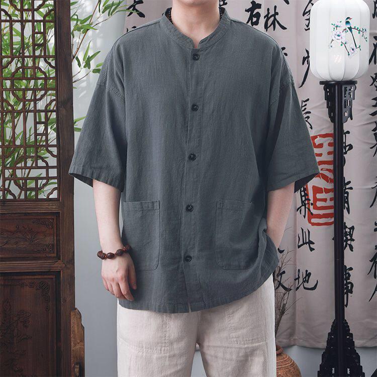 草民麻衣夏季立领男士苎麻唐装新中式棉麻衬衫宽松衬衣夹克外套男