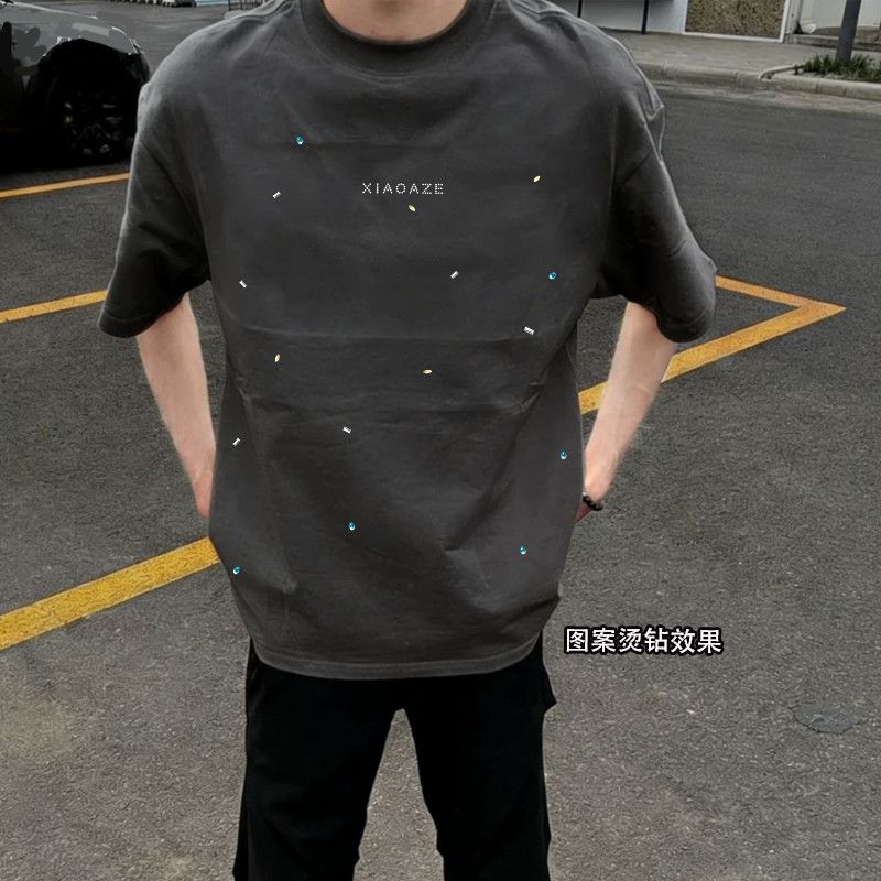 烫钻潮牌美式纯棉T恤夏季宽松重磅男女潮流高街深灰色短袖上衣