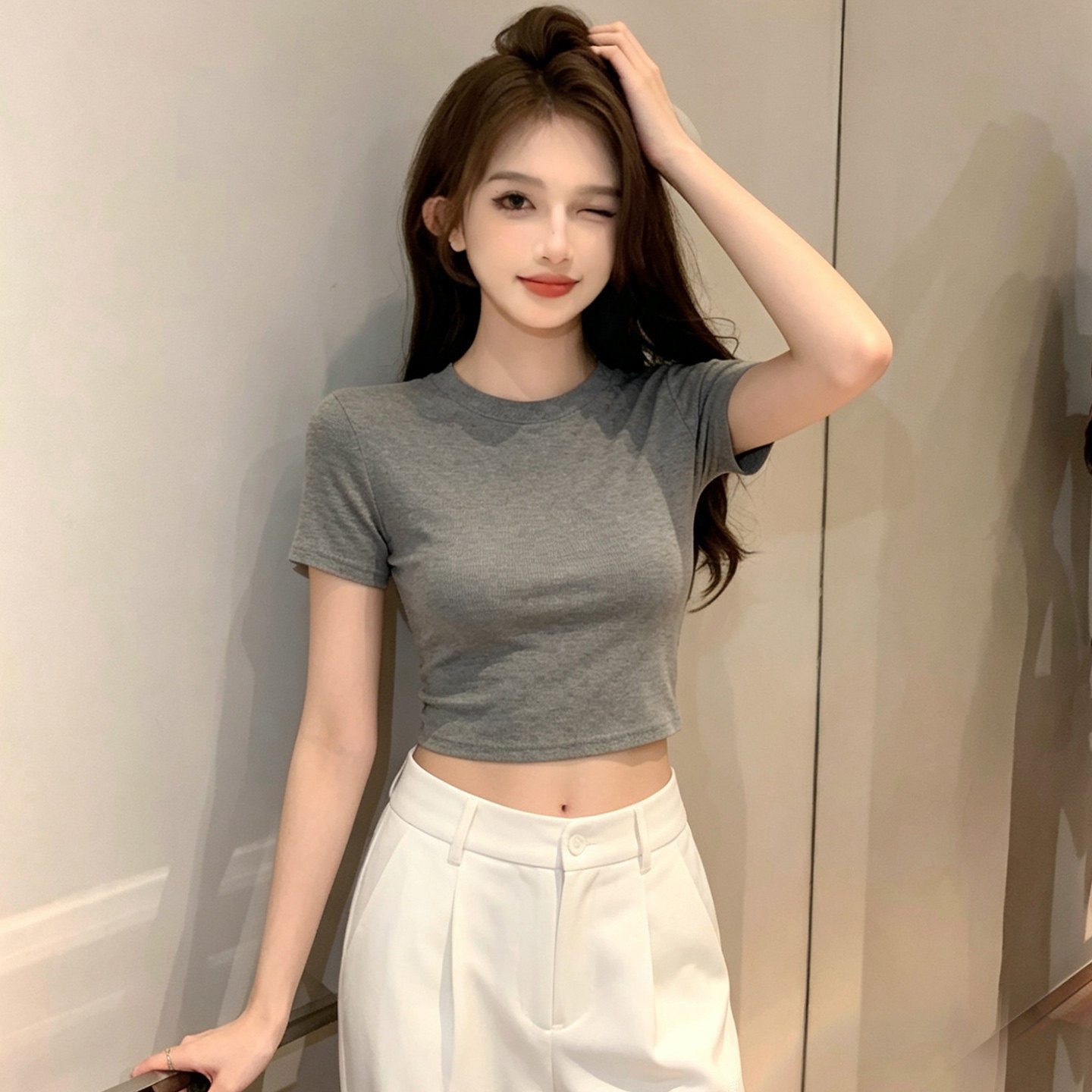螺纹修身圆领短袖t恤女夏短款
