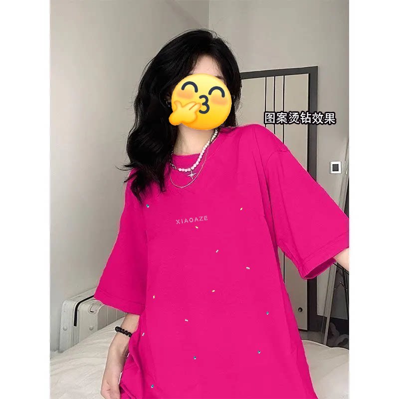 烫钻潮牌美式纯棉短袖T恤夏季宽松重磅男女潮流高街玫红色上衣