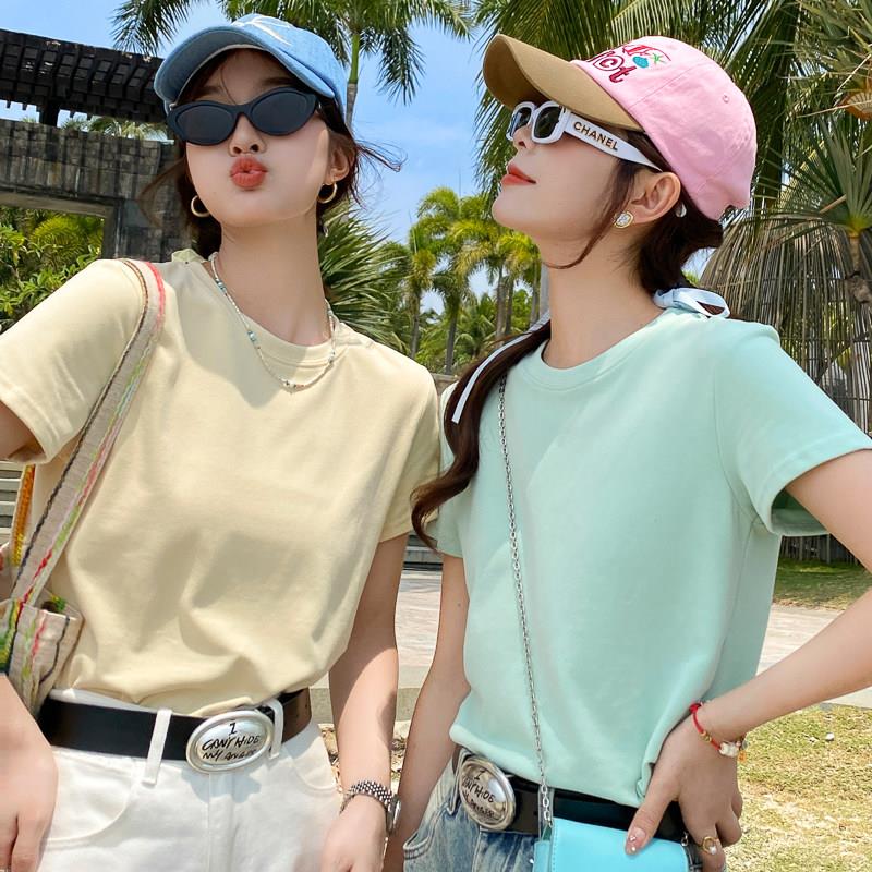 薄荷绿纯色短袖棉T恤女2026春夏新款黄色宽松独特漂亮正肩小上衣图片