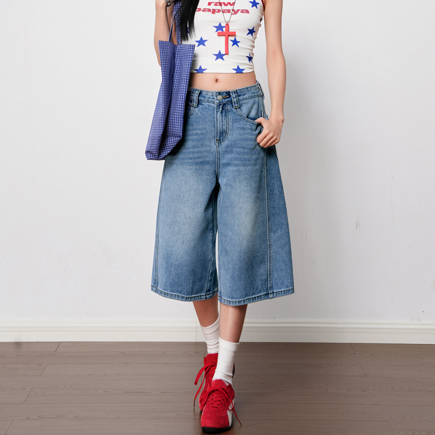 阔腿牛仔七分裤女夏短裤新款高腰
